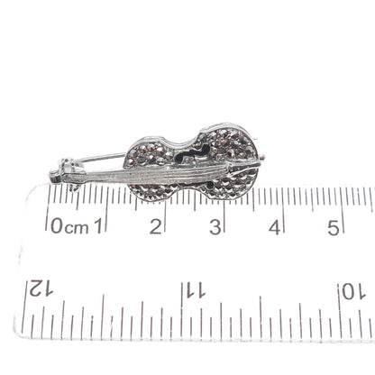 925 Sterling Silver Antique Art Deco Real Marcasite Gemstone Violin Pin Brooch
