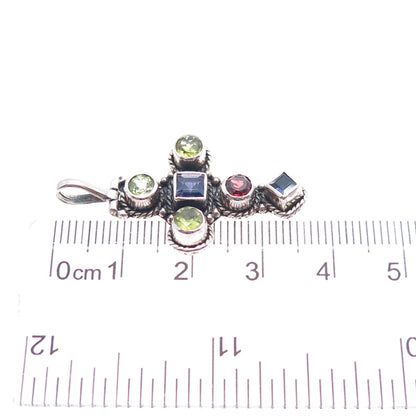 925 Sterling Silver Vintage Real Iolite Peridot & Red Garnet Cross Charm Pendant