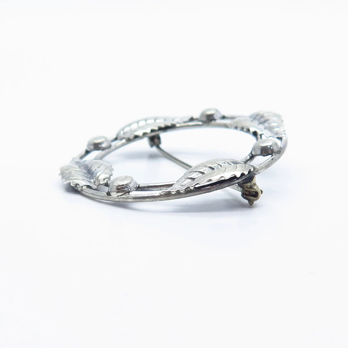 925 Sterling Silver Vintage Leaf Open Circle Pin Brooch