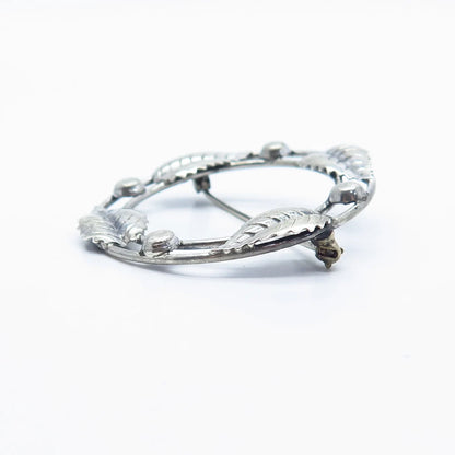 925 Sterling Silver Vintage Leaf Open Circle Pin Brooch