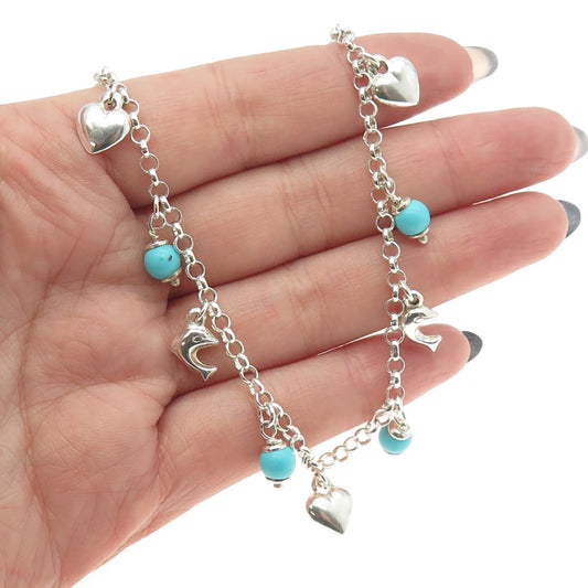 925 Sterling Silver Italy Real Turquoise Dolphin & Heart Chain Necklace 16"