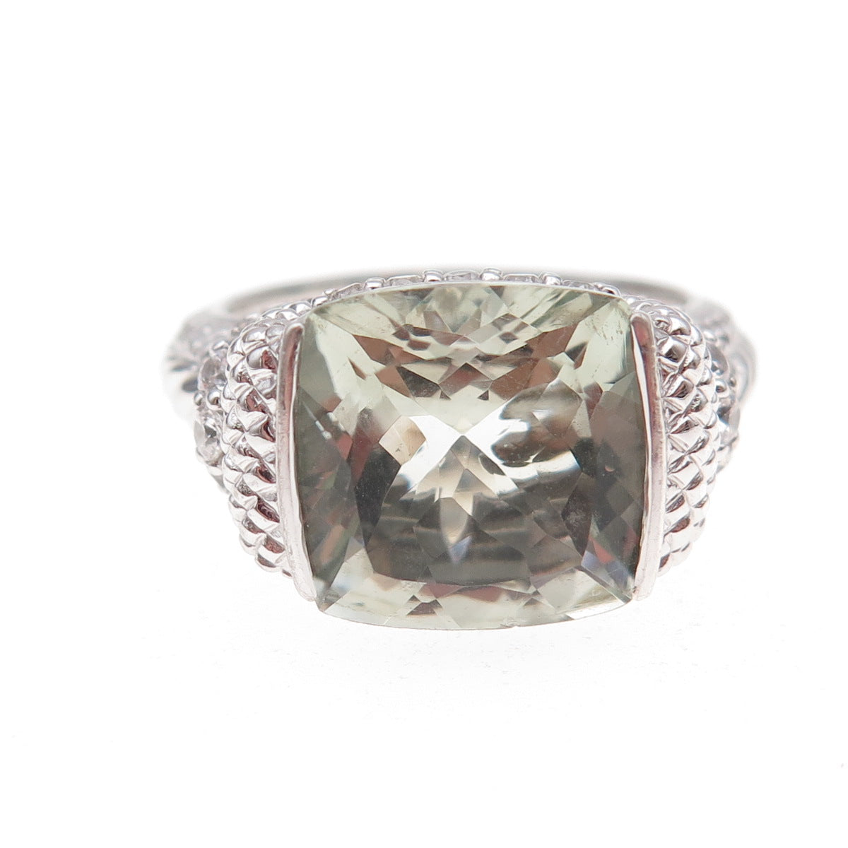 Judith Ripka 925 Sterling Silver Real Green Amethyst & C Z Ring Size 9.25
