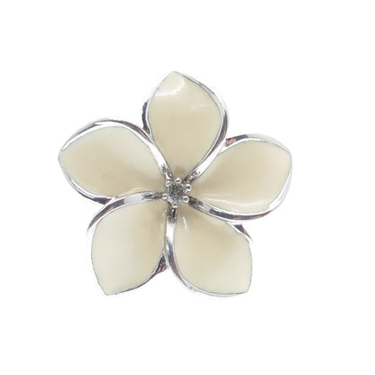 925 Sterling Silver Enamel Real Diamond Hawaiian Plumeria Flower Ring Size 7