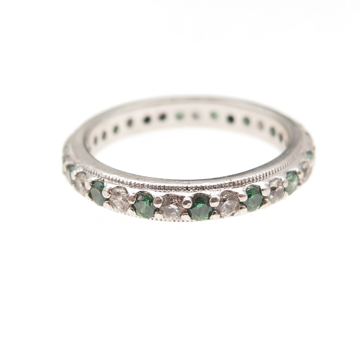 Tacori 925 Sterling Silver Green & White C Z Eternity Band Ring Size 7.25