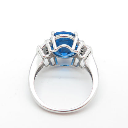 925 Sterling Silver Oval-Cut Ocean Blue C Z & Black Spinel Ring Size 7