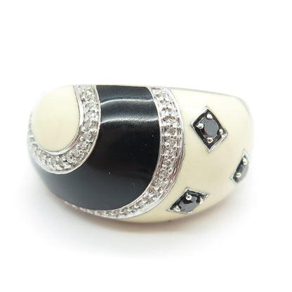 JANE SEYMOUR 925 Sterling Silver Enamel Real Black & White Diamond Ring Size 10