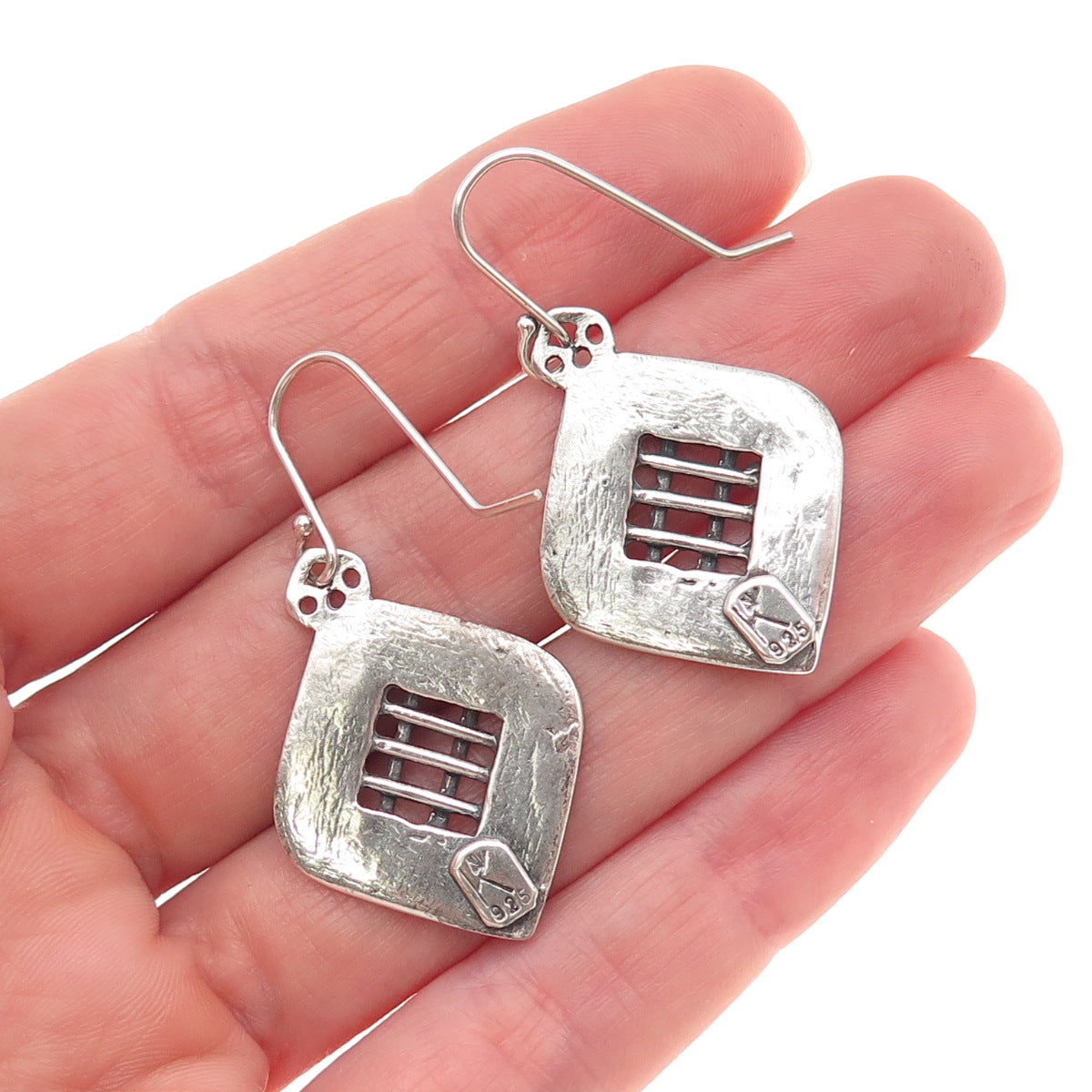 925 Sterling Silver Vintage Real Amethyst Modernist Oxidized Dangle Earrings