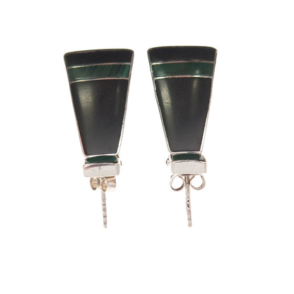 980 Silver Vintage Real Black Onyx & Malachite Modernist Dangle Earrings
