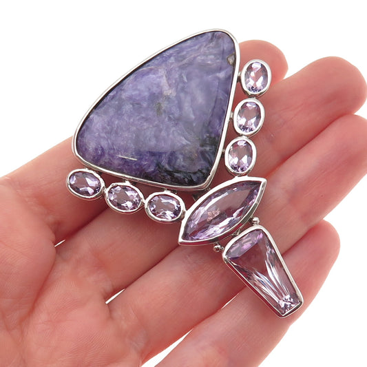 925 Sterling Silver Vintage Real Charoite & Amethyst Large 24.1g Slide Pendant