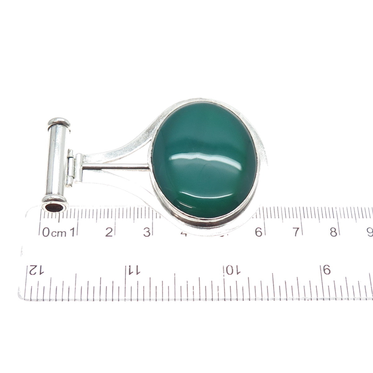 925 Sterling Silver Vintage Real Green Agate Modernist Slide Large Pendant