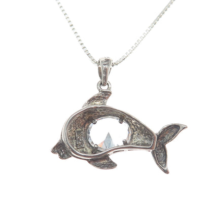 925 Sterling Silver Oval-Cut C Z Dolphin Box Chain Necklace 18"