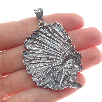 925 Sterling Silver Vintage Southwestern Indian Chief Head Oxidized Pendant