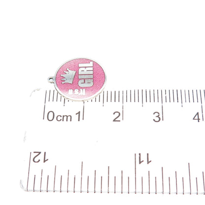 925 Sterling Silver Pink Enamel It's a Girl Crown Round Minimalist Charm Pendant