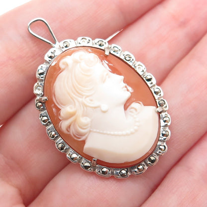 800 Silver Antique MOP & Marcasite Lady Cameo Brooch / Pendant (missing 2 stone)