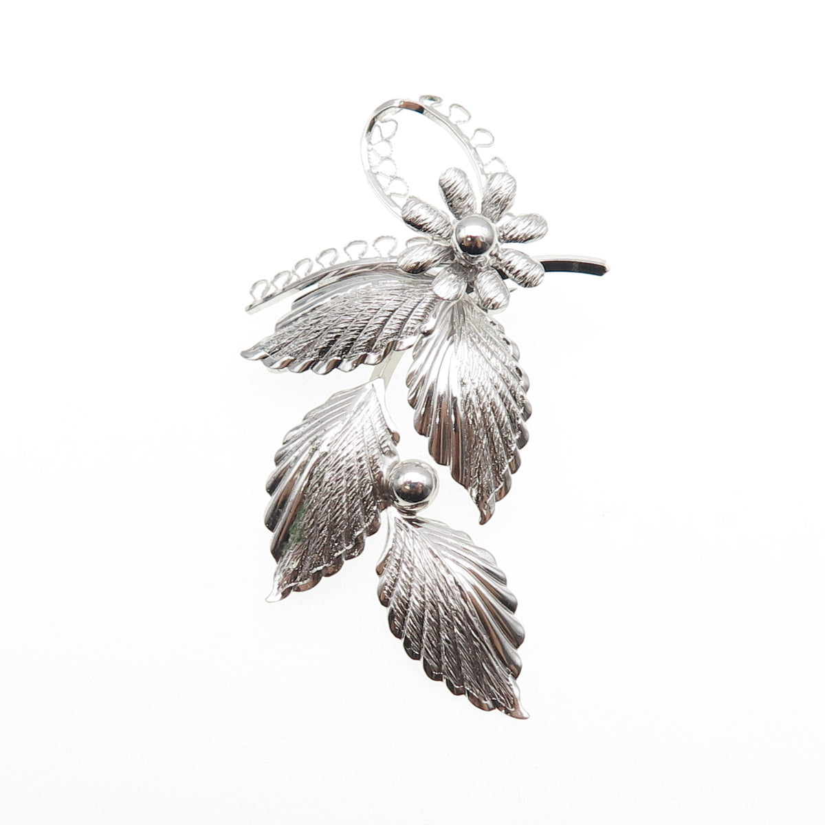 Star-Art 925 Sterling Silver Antique Art Deco Flower & Leaf Oxidized Pin Brooch