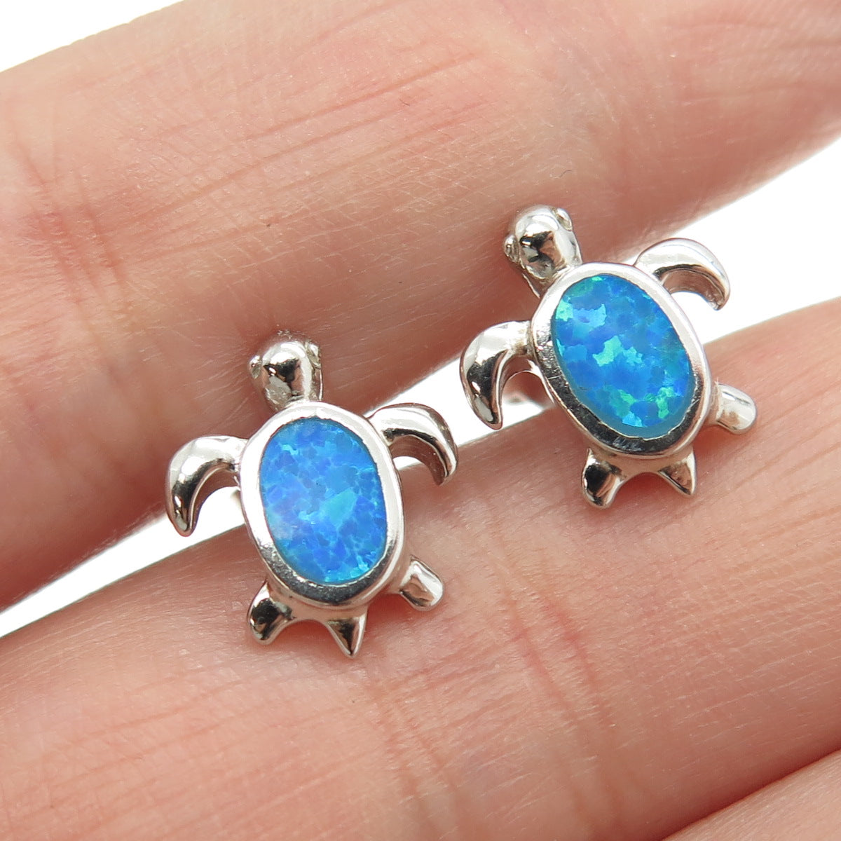 925 Sterling Silver Real Opal Turtle Stud Earrings