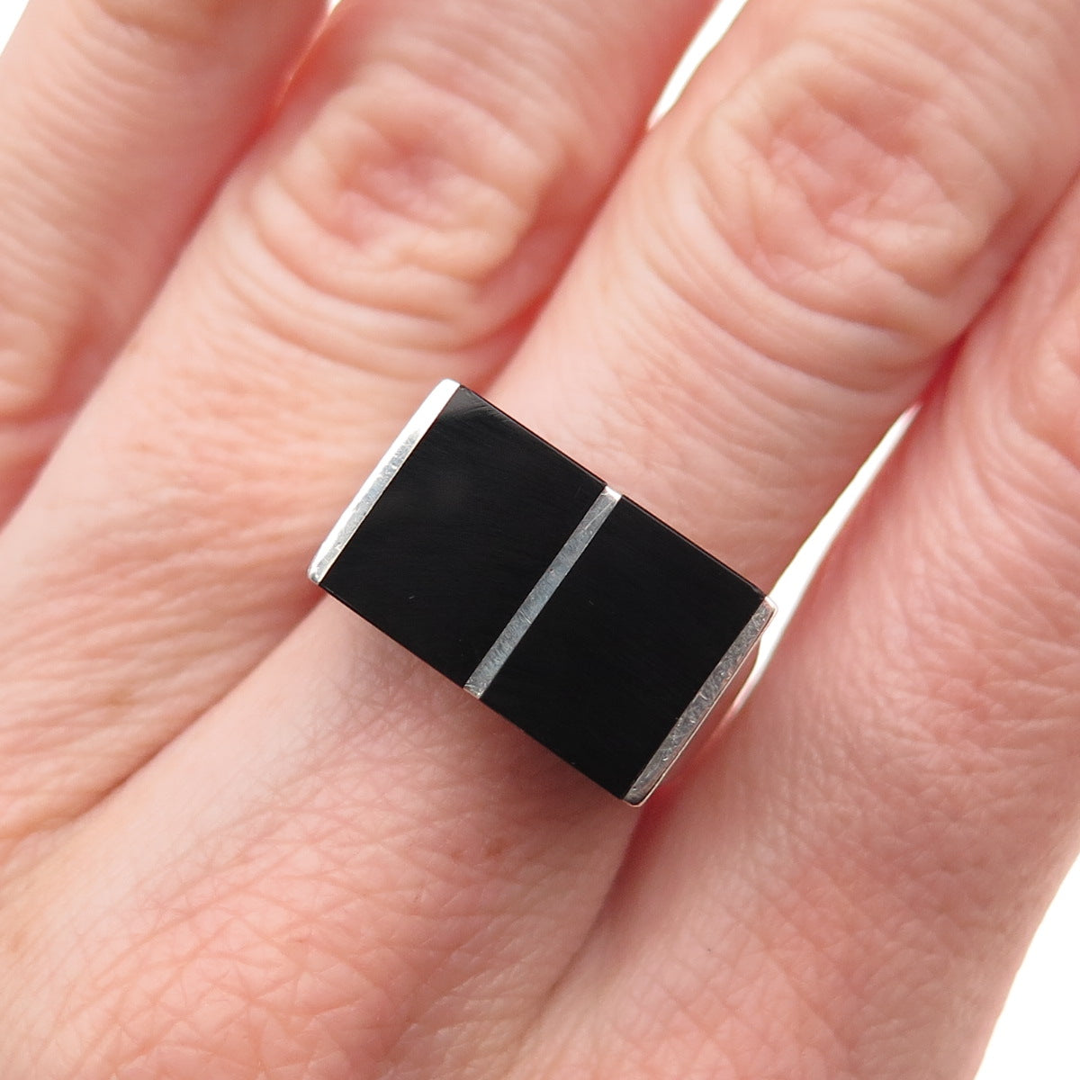 925 Sterling Silver Vintage Real Black Onyx Modernist Ring Size 7