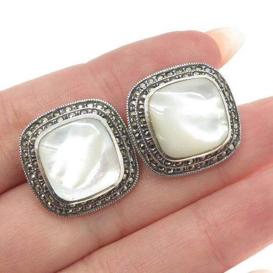 JUDITH JACK 925 Sterling Silver Vintage Mother-of-Pearl & Marcasite Gem Earrings