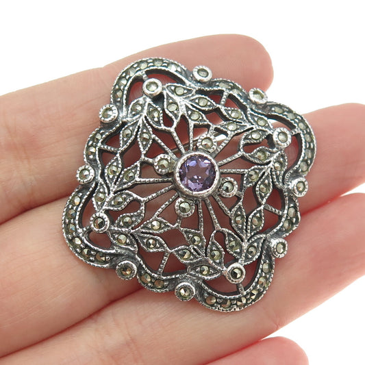 JUDITH JACK 925 Sterling Silver Vintage Real Amethyst & Marcasite Pin Brooch