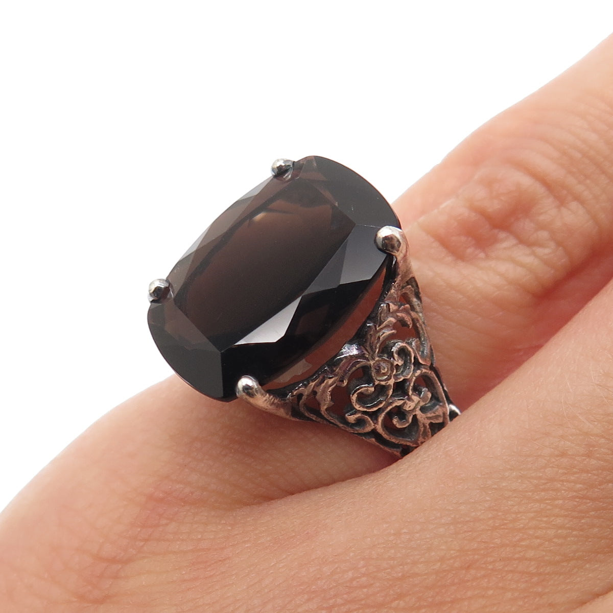 CLYDE DUNEIER CID Sterling Silver Vintage Smoky Quartz Oxidized Ring Size 4.75