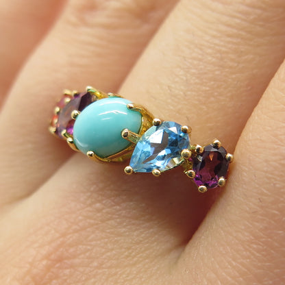 925 Sterling Silver Gold Plated Real Turquoise Topaz Amethyst & Opal Ring Size 7