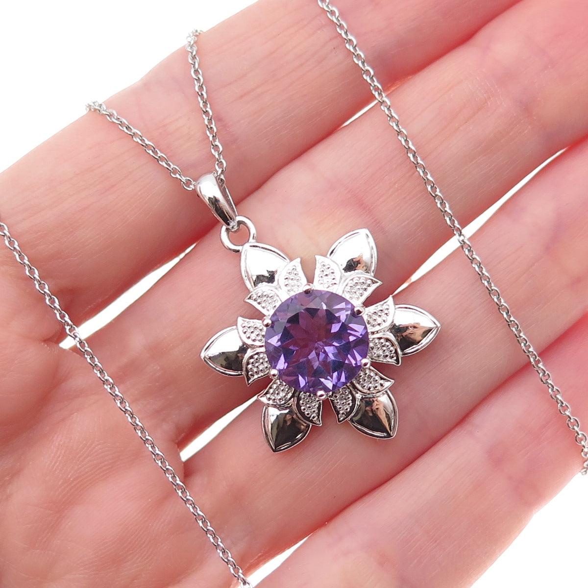 925 Sterling Silver Mexico Real Amethyst Flower Cable Chain Necklace 18"