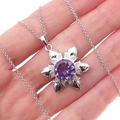 925 Sterling Silver Mexico Real Amethyst Flower Cable Chain Necklace 18"