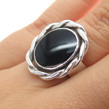 925 Sterling Silver Vintage Real Black Onyx Modernist Ring Size 6.75
