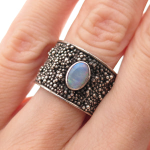 925 Sterling Silver Vintage Real Opal Granulated Oxidized Ring Size 6.5