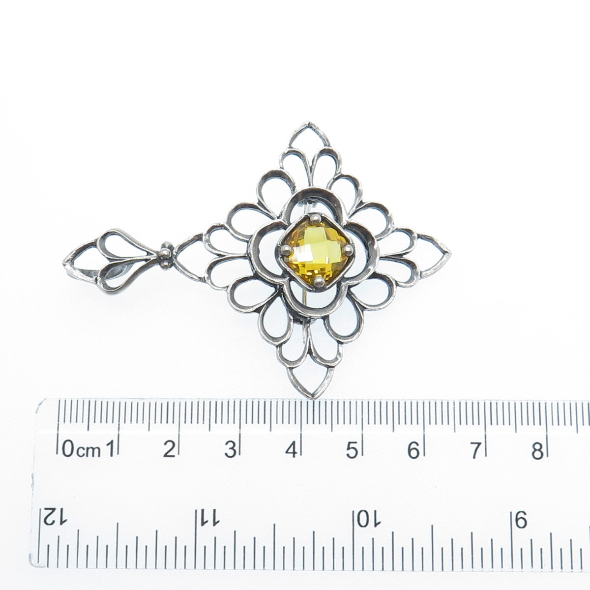 925 Sterling Silver Vintage Canary C Z Floral Cross Pin Brooch / Pendant