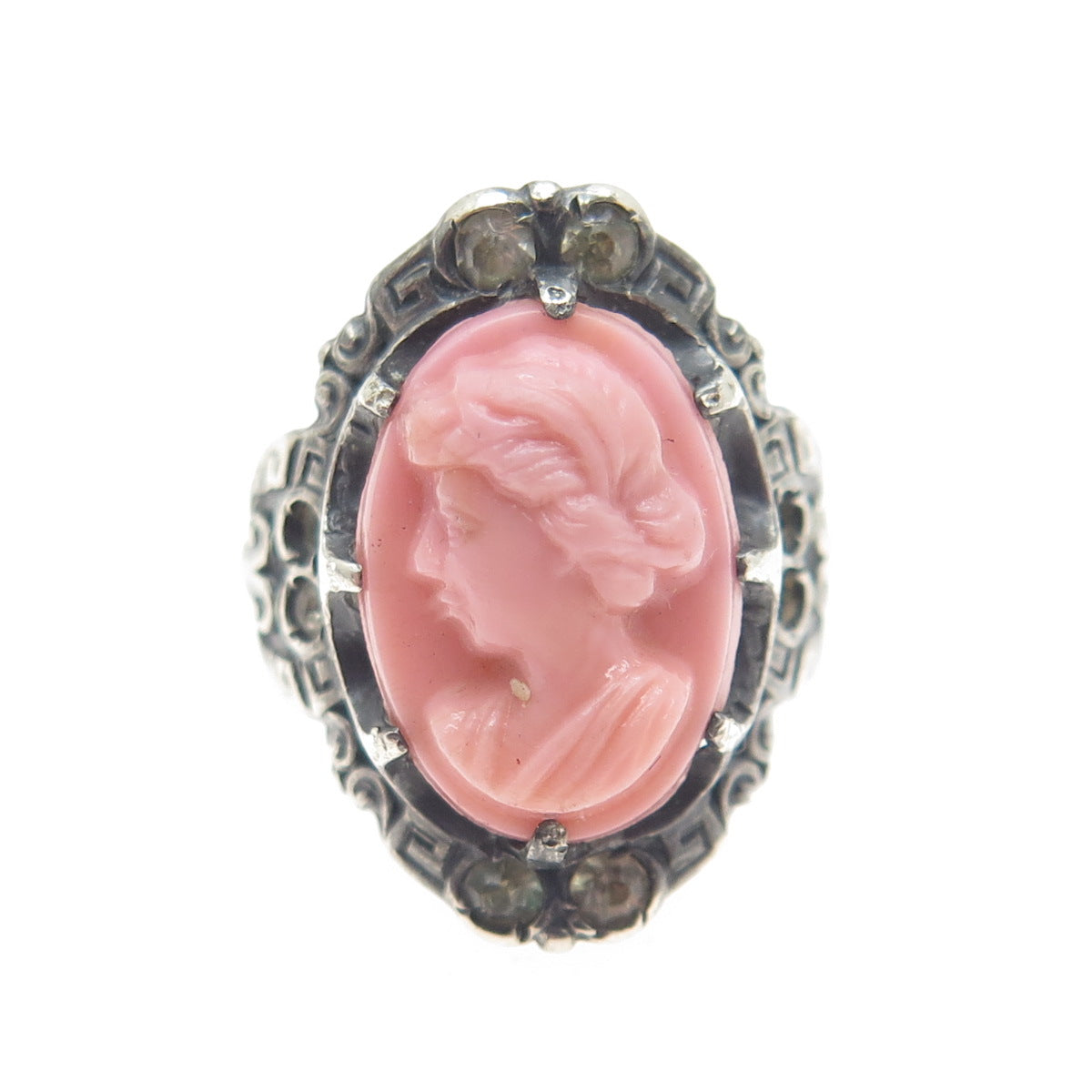 925 Sterling Silver Antique Rose Ceramic & Rhinestone Cameo Lady Ring Size 5