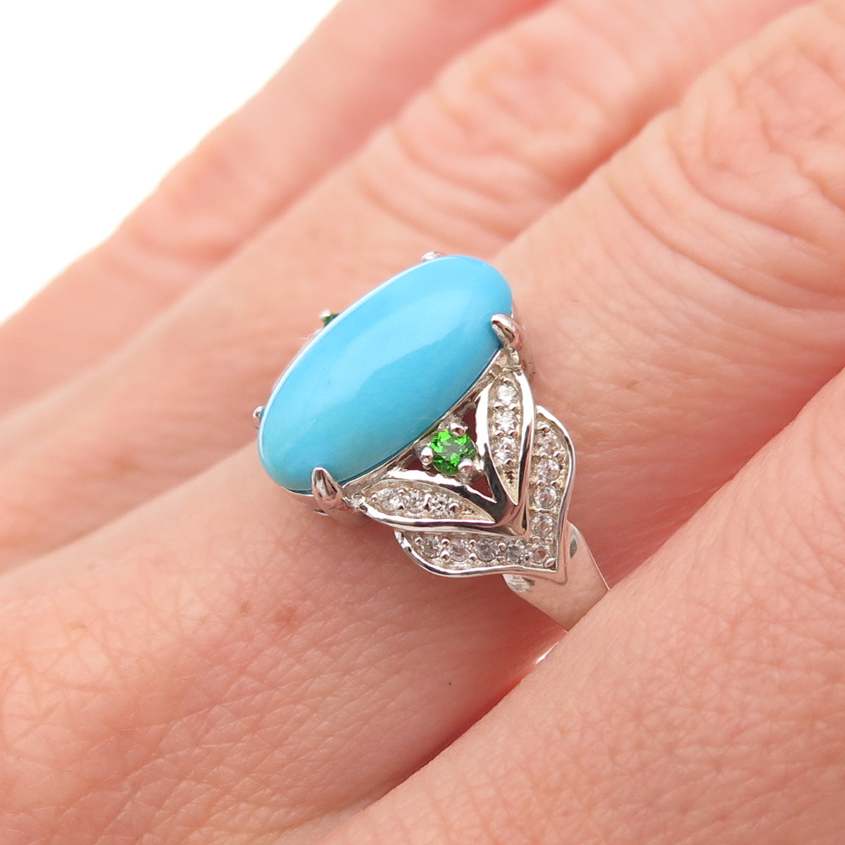925 Sterling Real Sleeping Beauty Turquoise White Topaz & Peridot Ring Size 8.25