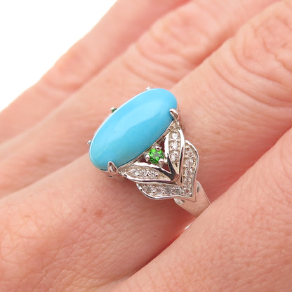 925 Sterling Real Sleeping Beauty Turquoise White Topaz & Peridot Ring Size 8.25