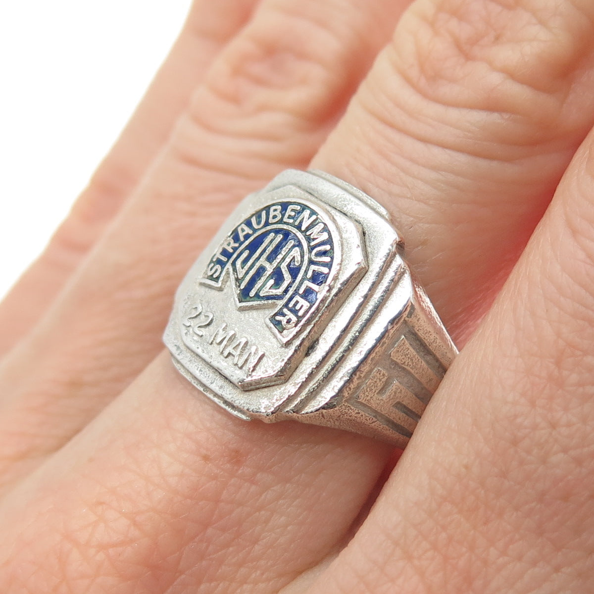 925 Sterling Silver Vintage 1961 Enamel Straubenmuller JH School Ring Size 8.25