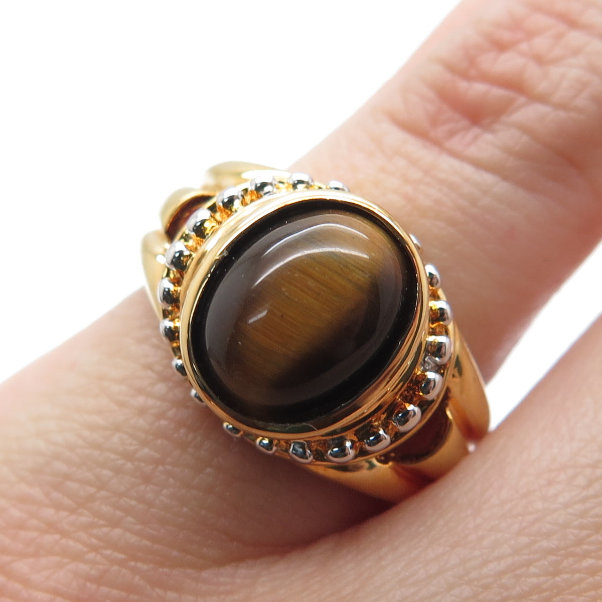 ROSS SIMONS 925 Sterling Silver Gold Plated Real Tiger Eye Beaded Ring Size 6