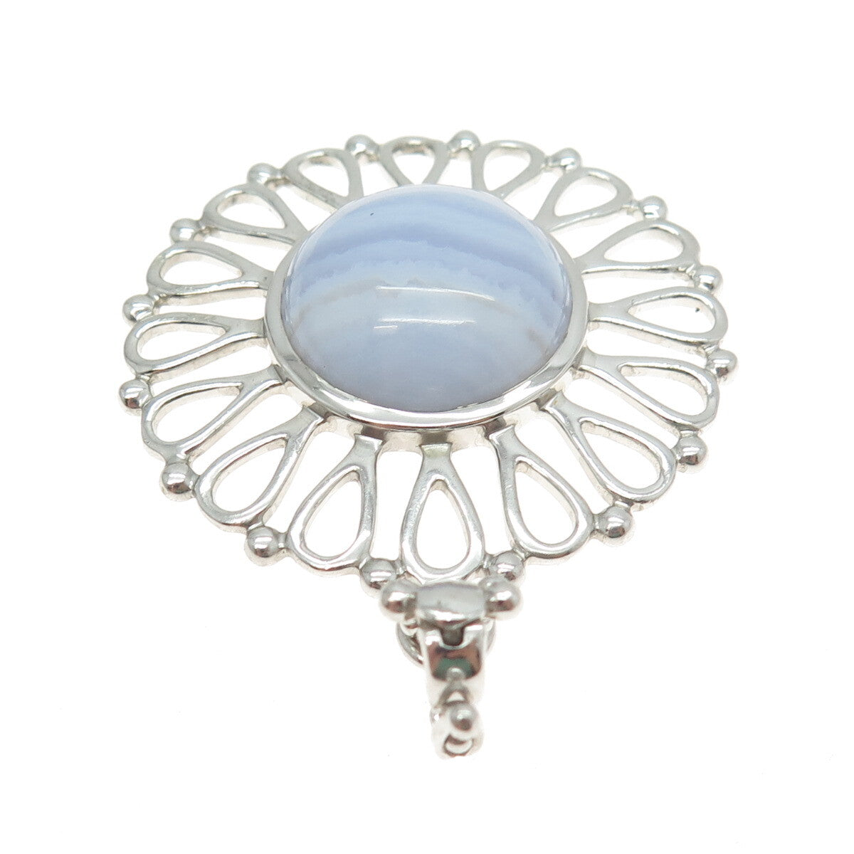 925 Sterling Silver Vintage Real Cabochon Blue Lace Agate Flower Pendant