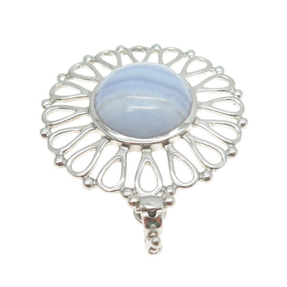 925 Sterling Silver Vintage Real Cabochon Blue Lace Agate Flower Pendant
