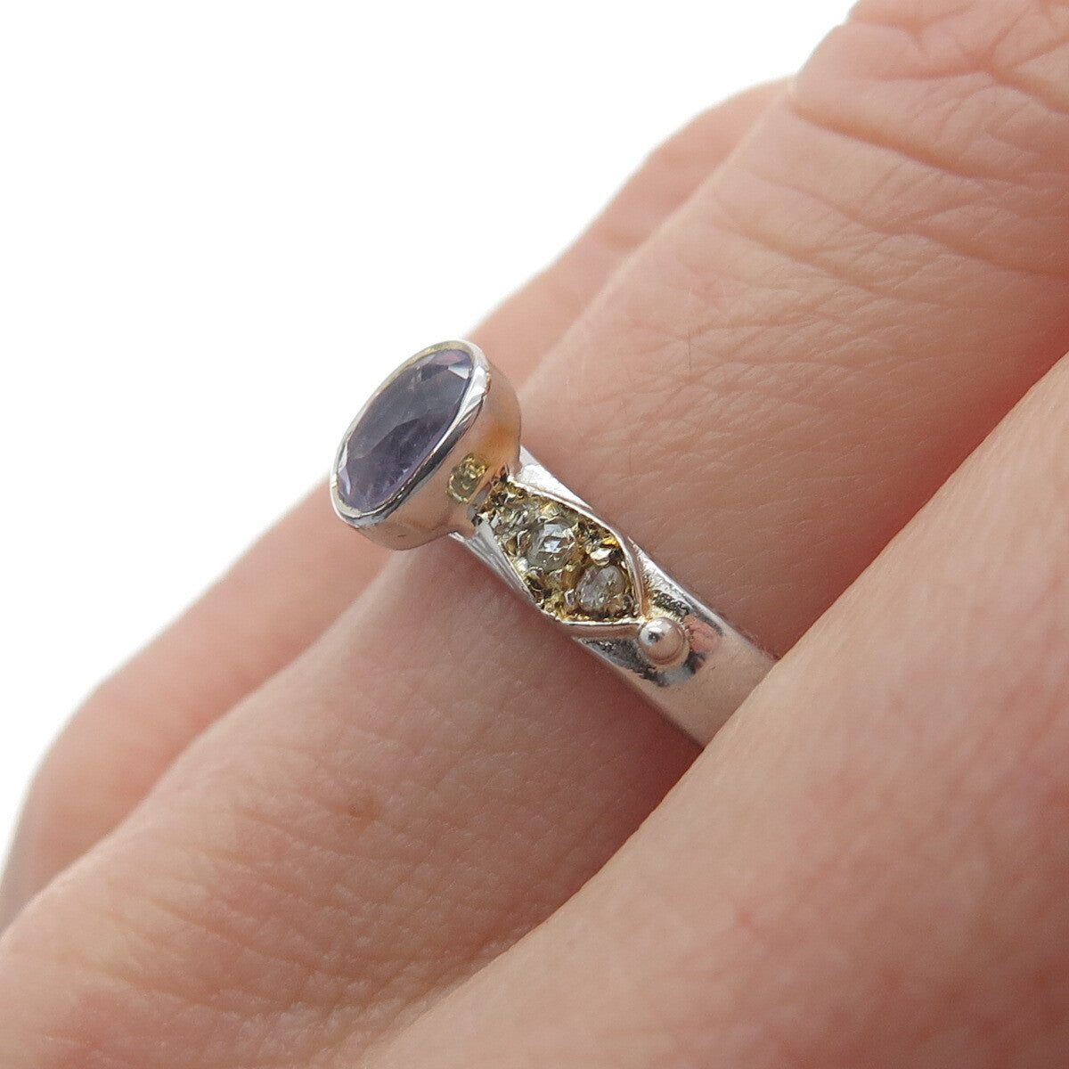 925 Sterling Silver 2-Tone Real Round-Cut Diamond & Purple Topaz Ring Size 8