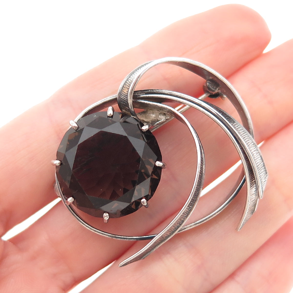 925 Sterling Silver Vintage Real Smoky Quartz Modernist Oxidized Pin Brooch