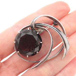 925 Sterling Silver Vintage Real Smoky Quartz Modernist Oxidized Pin Brooch