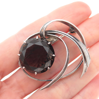 925 Sterling Silver Vintage Real Smoky Quartz Modernist Oxidized Pin Brooch