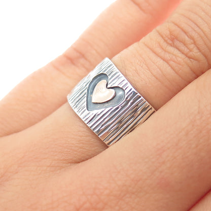 925 Sterling Silver & 14K Gold Vintage Modernist Heart Oxidized Ring Size 7.5