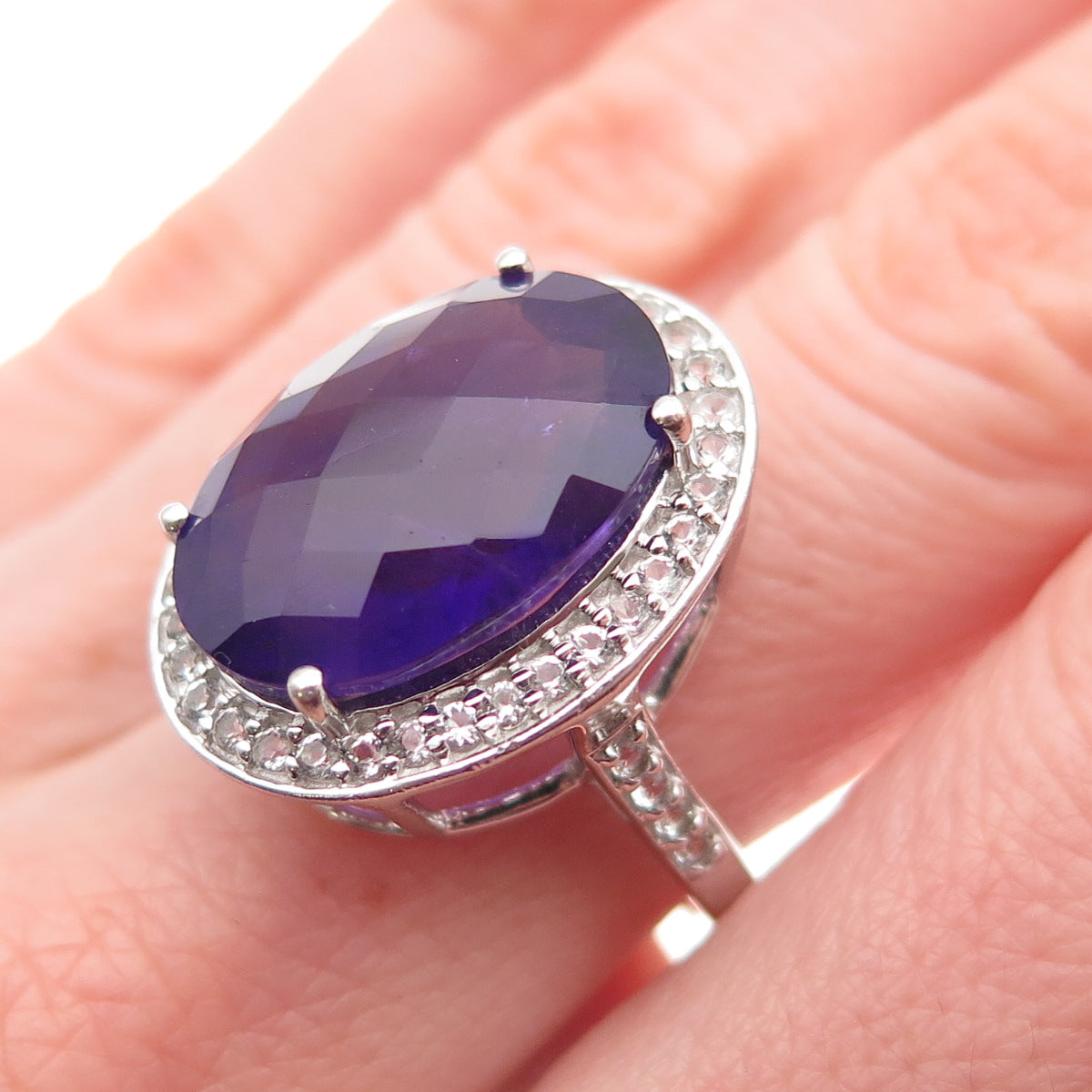 SAM 925 Sterling Silver Real Amethyst & White Topaz Ring Size 7