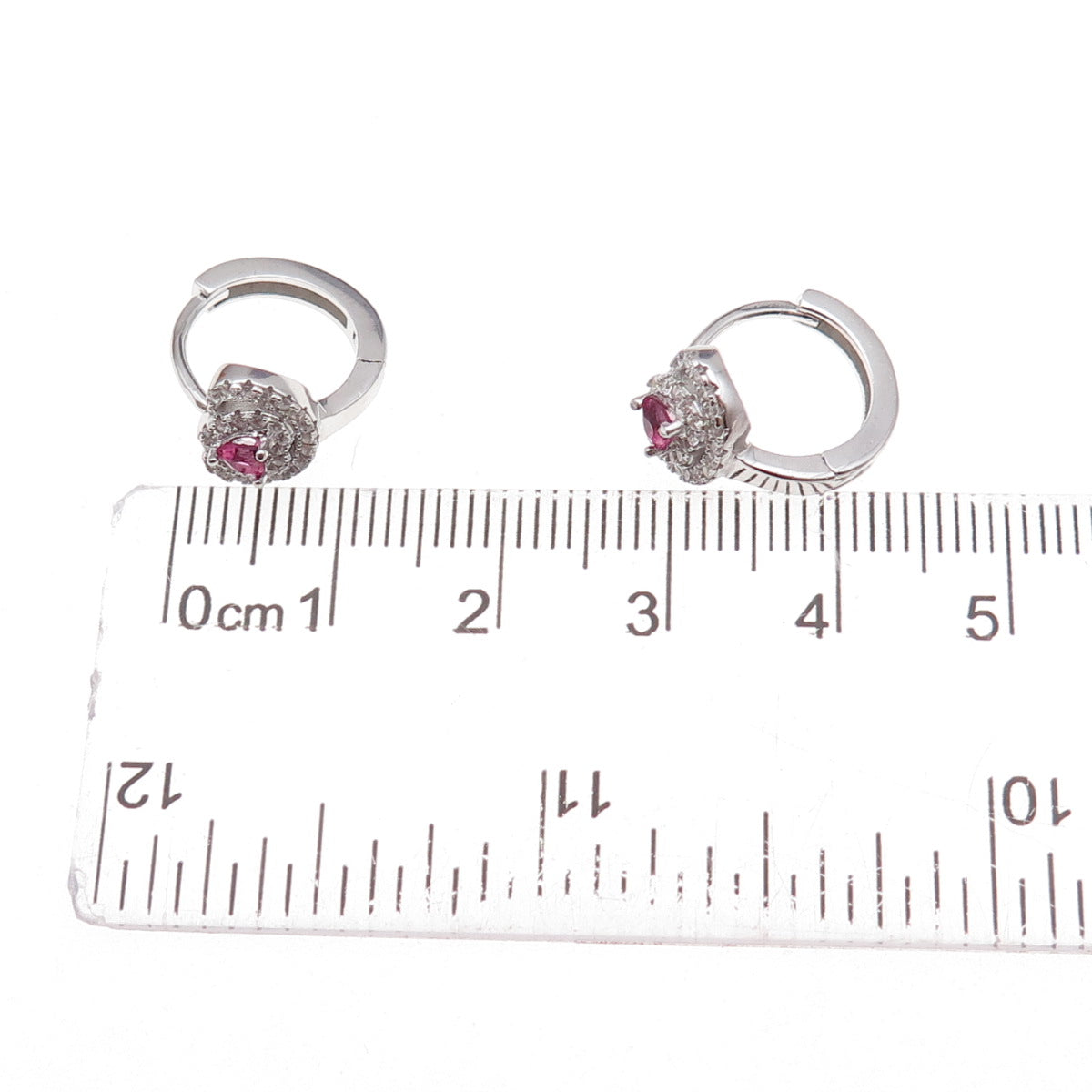 925 Sterling Silver Pink & White C Z Hoop Earrings