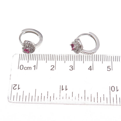 925 Sterling Silver Pink & White C Z Hoop Earrings