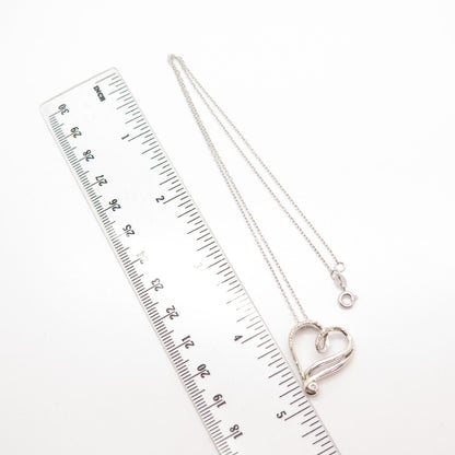 925 Sterling Silver Real White Diamond Open Heart Rolo Chain Necklace 16"