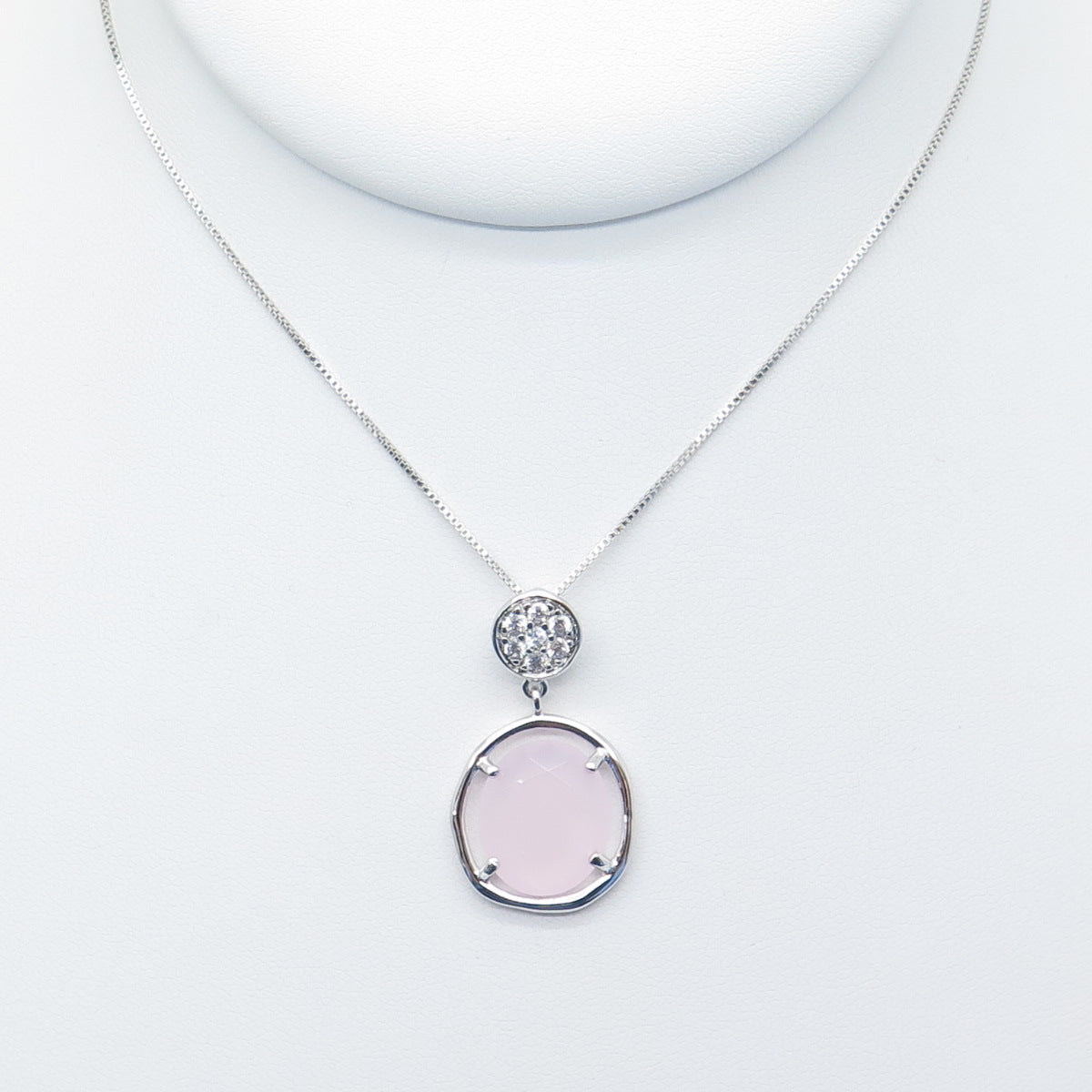 925 Sterling Silver Real Rose Quartz & C Z Box Chain Necklace 18"