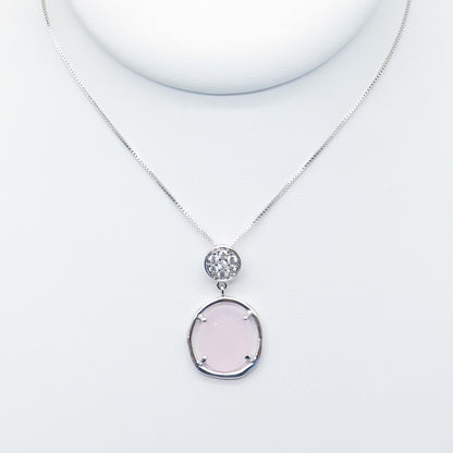 925 Sterling Silver Real Rose Quartz & C Z Box Chain Necklace 18"