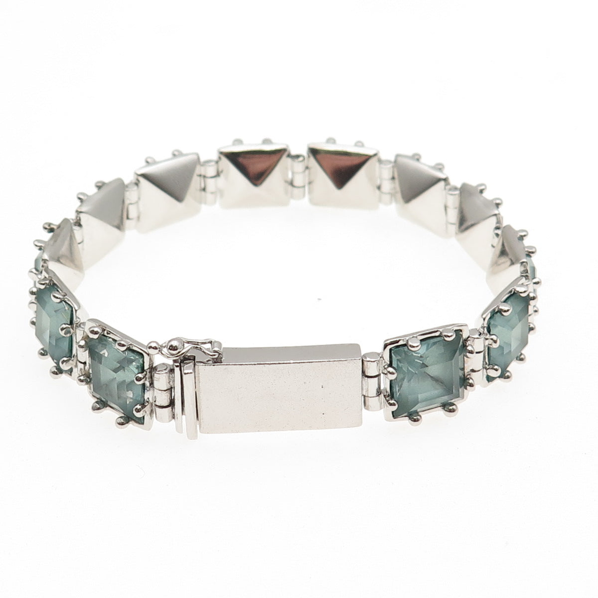 925 Sterling Silver Vintage Asscher-Cut Blue Rhinestone Bracelet 7.25"