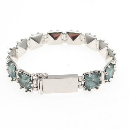 925 Sterling Silver Vintage Asscher-Cut Blue Rhinestone Bracelet 7.25"